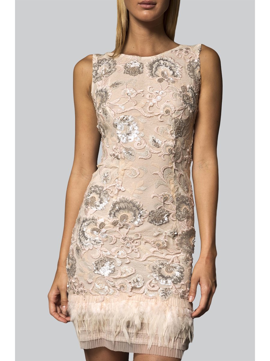 sequin and feather cocktail dress