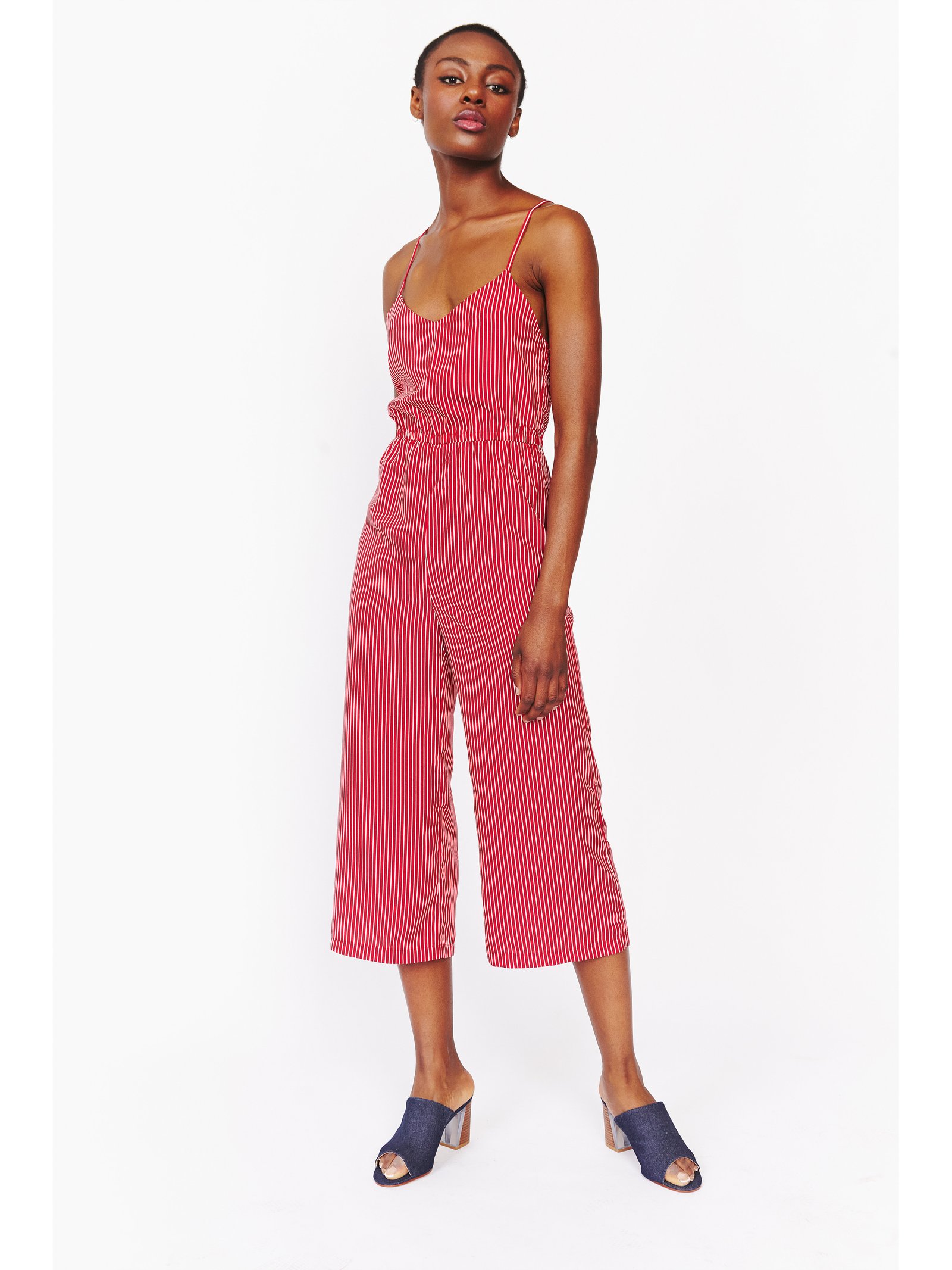 red and white jumpsuit
